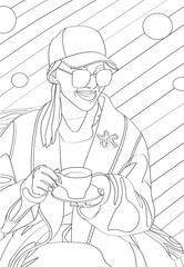A girl with glasses drinks coffee.  Antistress coloring. Vector black and white illustration