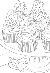 Cupcakes on a plate. Antistress coloring. Vector black and white illustration