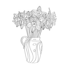 Bouquet of Narcissus in a vase. Hand-drawn vector coloring.