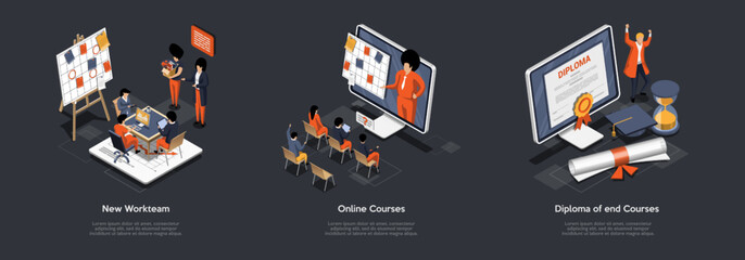 Concept Of Online Courses End, Distance Online E-Learning. Students Got Diploma At Virtual Clssroom Listening To Teacher. Self Education, Online Studying. Isometric 3D Cartoon Vector Illustration Set