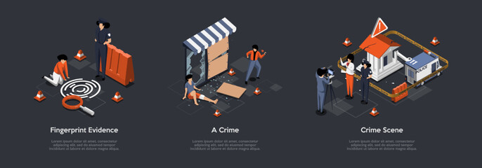 Looting And Crime Scene, Fingerprint Concept. Aggressive Guy With Molotov Cocktail In His Hand, Broke Showcase, Rob Shop, Wounded Man. Report From Scene. Isometric 3D Cartoon Vector Illustration Set