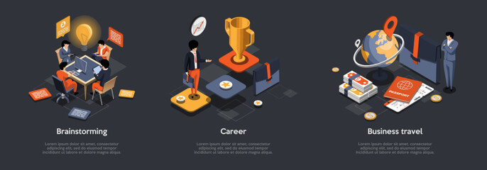 Job Interview, Brainstorming, Business Travel, Recruitment, Freelance Work, Career Ladder. Successful Business People Discuss New Startup, Go To Business Trip. Isometric 3d Vector Illustrations Set