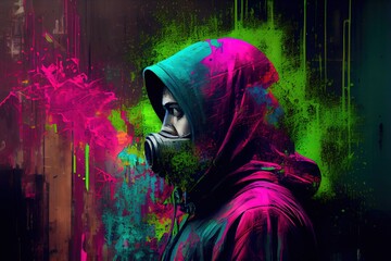 graffiti sprayer artist with mask in a colourful scene, generative ai