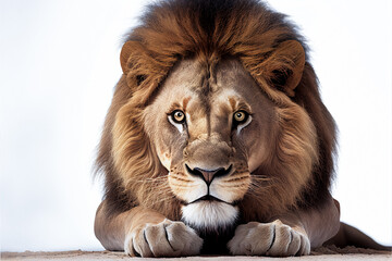 African Lion crouched and stalking prey, ready to pounce, isolated on white background