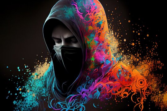 graffiti sprayer artist with mask in a colourful scene, generative ai