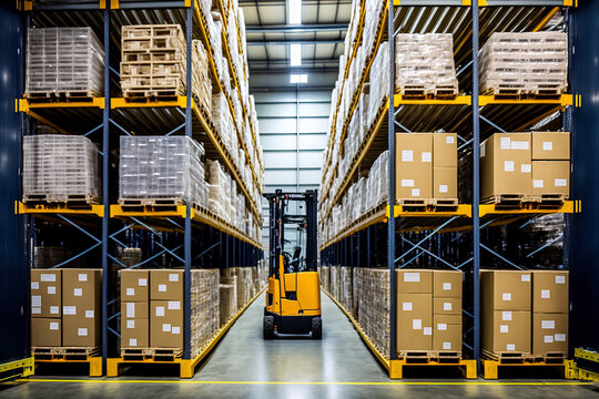 Palletized shelves and racks with forklifts inside a distribution warehouse. Generative AI