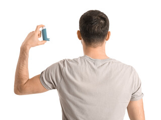 Man with inhaler on white background, back view