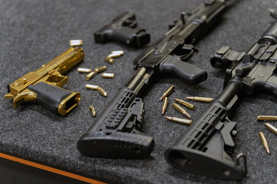 Firearms in shooting range, tactical weapons, shooting.