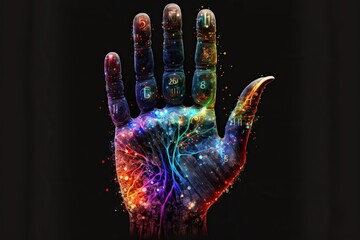 Naklejka premium Hand made of colors and technology, concept of ai, machine learning, intellect in the machine, created with Generative AI technology