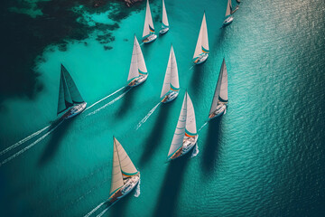 Fototapeta Beautiful sailboats sailing in a team on a sea of turquoise clarity was captured by an aerial drone. Generative AI obraz
