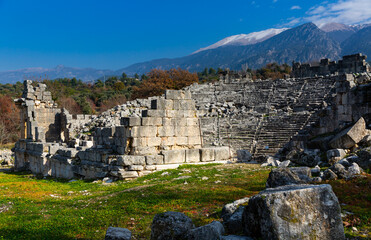 View of the ruins of the theater of the ancient city of Tlos, Turkey.