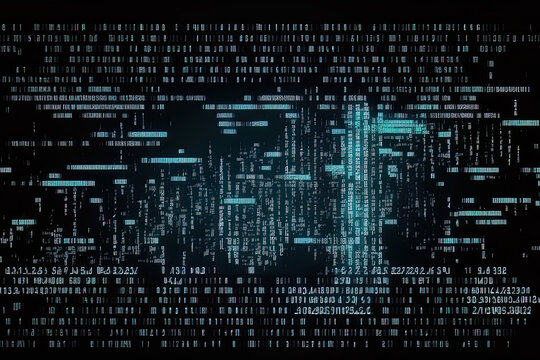 With a glitch effect on the screen, a digital background of code writing is used. the idea of security mining in coding. Generative AI