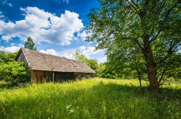 Fototapeta na wymiar Stara drewniana chata na zielonej łące pod błękitnym niebem (Beskid Niski)