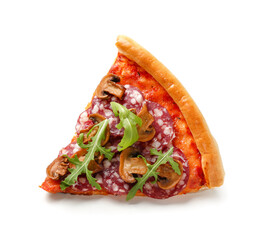 Slice of pizza with arugula and mushrooms on white background