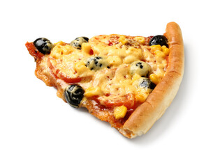 Slice of pizza with olives on white background