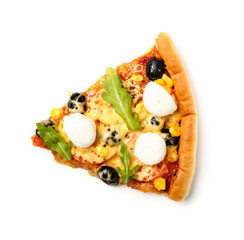 Slice of pizza with arugula and mozzarella on white background
