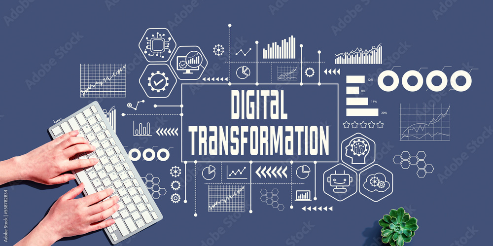 Aufkleber digital transformation and technological revolution concept with person using a computer keyboard
