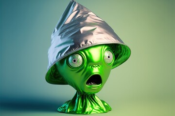 Frightened paranoid green alien wears a tinfoil hat, created with Generative AI technology - obrazy, fototapety, plakaty
