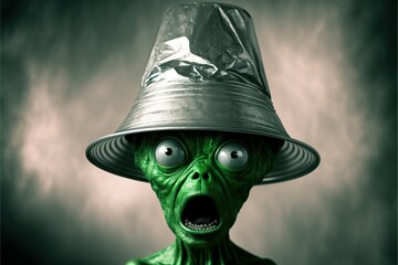 Frightened paranoid green alien wears a tinfoil hat, created with Generative AI technology - obrazy, fototapety, plakaty