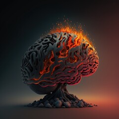 Burning Human brain, concept of hard intellectual work in science or education, created with Generative AI technology