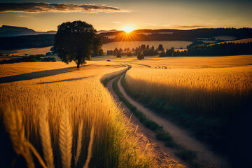 View of a valley during a gorgeous summer sunset in a wheaten sparkling field with golden wheat and sun rays, deep blue hazy sky, and road. Generative AI - obrazy, fototapety, plakaty