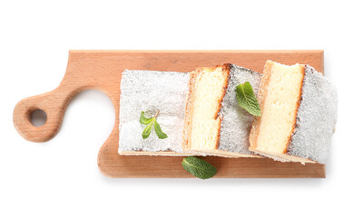 Cutting board with pieces of delicious cheese pie and mint on white background