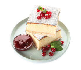 Plate with pieces of delicious cheese pie, cranberries, jam and mint on white background