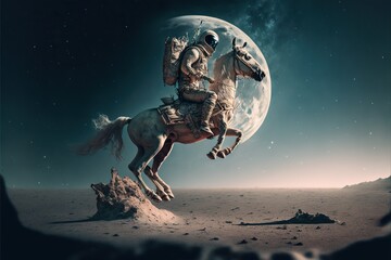 Obraz premium Astronaut on a horse jumps with moon on the background, created with Generative AI technology