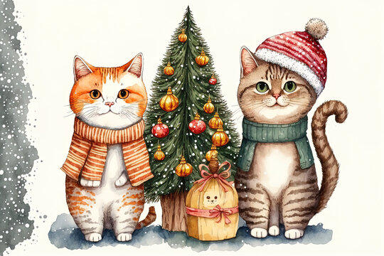 Cartoon cats in winter clothing painted in watercolor against a background of a Christmas tree and a snowman. Generative AI