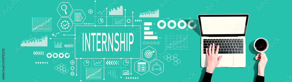 Poster internship theme with person using a laptop computer
