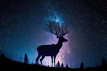 A silhouette of a young deer may be seen in the nighttime sky with the Milky Way. Generative AI