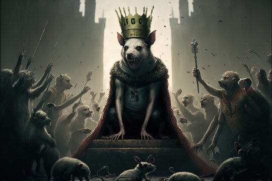 Autocratic politician rat on a throne with a crown on its head among a crowd, created with Generative AI technology
