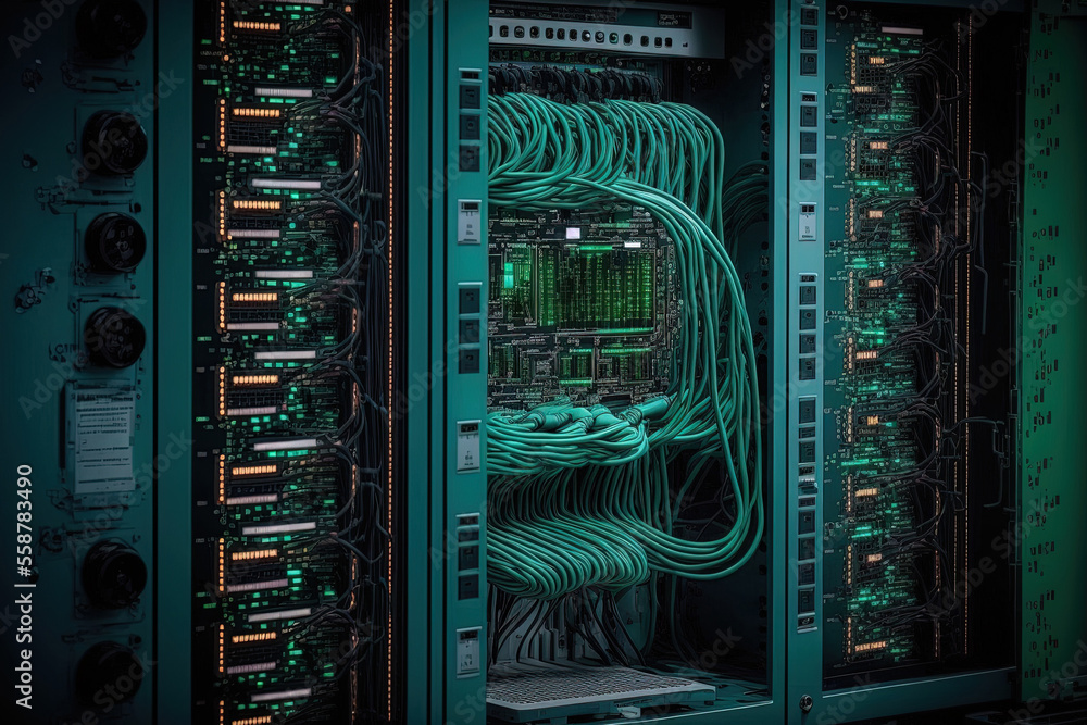 Poster computers in a network server room connected to the internet and used for digital communications, ab
