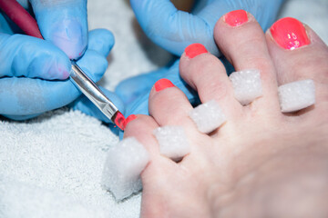pedicure master paints client's toenails with orange gel polish, foot care 