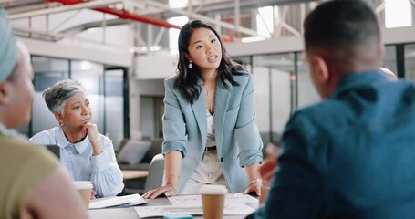 Business meeting, business people and leadership with question in collaboration, company staff and project strategy. Planning, schedule and woman leader with diversity, team and corporate paperwork.