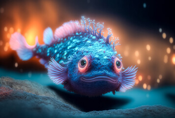 Realistic 3d render of a cute and beautiful bioluminescent deep sea fish. Made with Generative AI Technology
