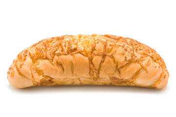 Freshly baked cheese sticks bun isolated on white background.