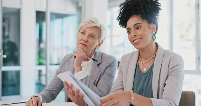 Teamwork, documents and women in business meeting for planning, strategy and marketing report. Collaboration, management and professional workers in discussion with paperwork, review and proposal