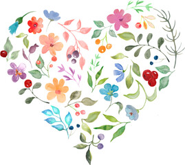  Heart made of watercolor floral. Valentine's Day card. Hand drawn illustration isolated on white background. For packaging, wrapping design, wedding or print. Vector EPS.