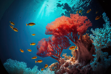 Fototapeta na wymiar Incredible red sea underwater landscape with stunning corals in a blue abyss as a backdrop. Generative AI