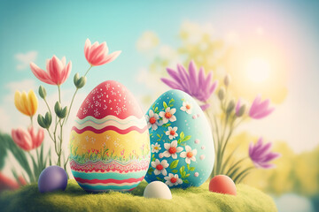 easter eggs and flowers, generative ai