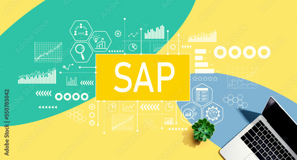 Poster sap - business process automation software theme with a laptop computer on a yellow, green and blue 