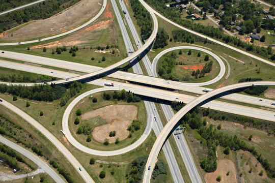 Aerial view of the cloverleaf interchange of I-85 and I-26 in Spartanburg, SC