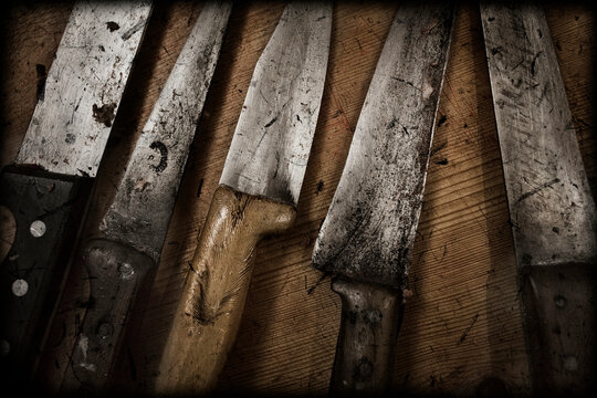 Used knives during the slaughtering of the pig.
