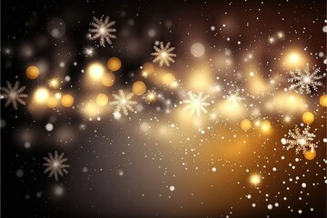 Falling snow and snowflakes that reflects the light to a blurred bokeh background golden sparkles. Design for Christmas and Happy New Year background. Generative AI