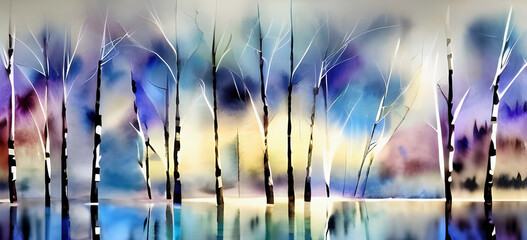 Birch trees by the river, abstract watercolor painting. It's an original, high quality, big size digital graphical work, mixed media. Based on AI generated image.