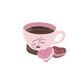A cup of tea or coffee with macarons. Vector illustration in  flat style.