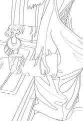 Girl with a cup and teapot. Antistress coloring. Vector black and white illustration