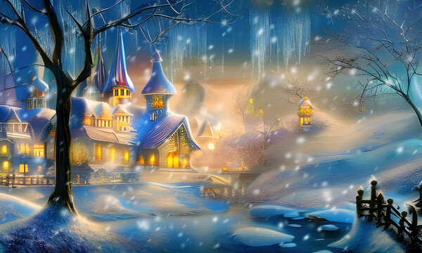 Fairy winterland with Fairytale Palace. It is an original, high quality, big size digital graphical work, mixed media. Based on AI generated image.