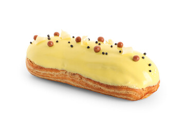 Delicious glazed eclair isolated on white background
